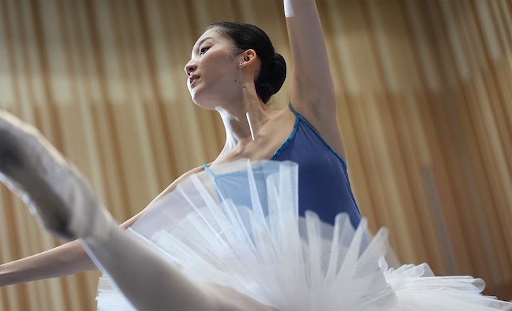 Imagen de ejemplo en la que se muestra a una bailarina con un leotardo azul y un tutú blanco, que posa con una pierna levantada