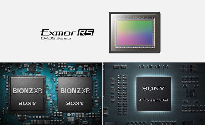 Ilustración de sensor de imagen Exmor RS™, motor de procesamiento de imágenes Bionz XR™ y unidad de procesamiento de IA